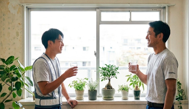 窓辺で話す先輩スタッフと若手スタッフ